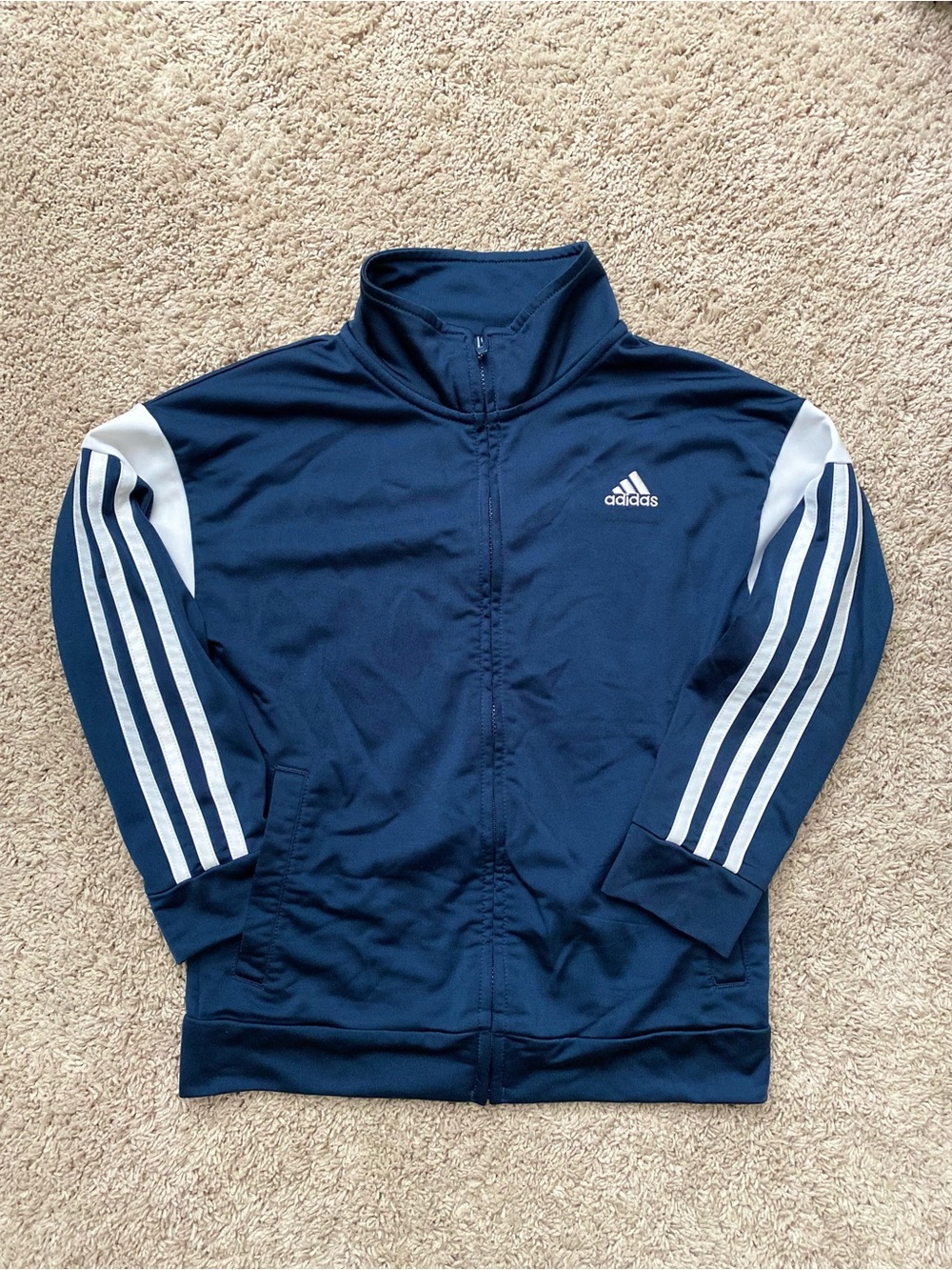adidas Navy and White Zip-Up Track Jacket-Size 7